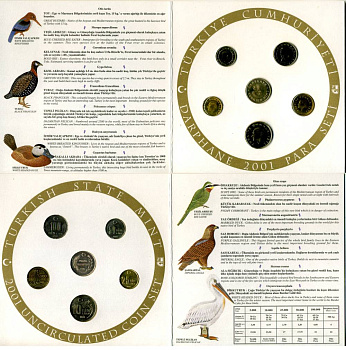 Турция официальный набор из 5 монет + жетон 2001 5000, 10000, 25000, 50000 и 100000 лир, буклет  медно-никель  UNC  1-4-1-18