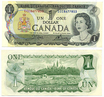 Канада 1 доллар 1973 Елизавета II (1952- ), здание парламента на реке Оттава, Crow-Bouey Pick 85 c бумага aUNC 7375-26-2-1