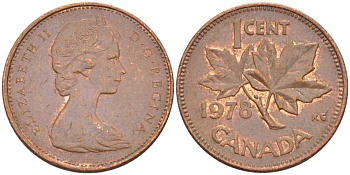 Канада 1 цент 1978 Елизавета II (1952-2022), кленовый лист KM 59.1 бронза 54-913