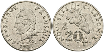 Французская Новая Каледония 20 франков 1983 три быка, (IEOM) KM 12, Schoen 14, Lec 111 никель 4680-233