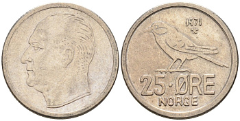 Норвегия 25 эре 1971 Улаф V (1958-1991), синица KM 407 медно-никель 4580-1041
