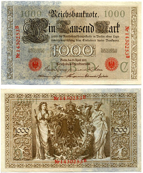 Германия 1000 марок 1910 21 апреля 1910, красная печать, номер семизначный, серия В, буква С, выпуск АПРЕЛЬ - АВГУСТ 1919 Pick 44, Роземберг 45b бумага VF 2194-21-1-2