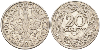 ПОЛЬША 20 ГРОШЕЙ 1923 KM 12 никель 187-924