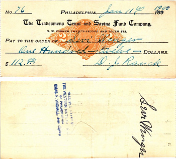 США чек на 112 долларов 1900 Филадельфия бумага 3295-58-2-1