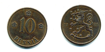 Финляндия 10 пенни 1924 республика (1918-1962) KM 24 медь 46-1233