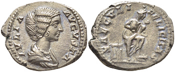 Римская Империя денарий 201 Юлия Домна, жена Септимия Севера, IVLIA AVGVSTA, бюст императрицы / SAECVLI FELICITAS, Изида, держащая на руках Гора, Рим, 3,39 гр RIC 577 серебро 1073-18-14