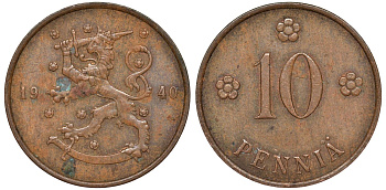 Финляндия 10 пенни 1940 KM 24 медь 51-3224