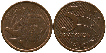 Бразилия 5 сентаво 2011 KM 648, Schon 156 сталь плакированная медью 4523-1232