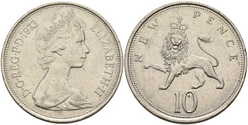 Великобритания 10 пенсов 1973 Елизавета II (1952-2022) KM 912, Spink 4231 (F1) медно-никель 81-1225