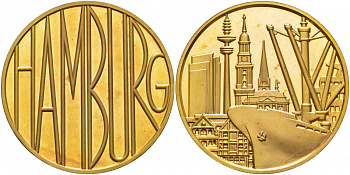 Германия медаль  Гамбург - город порт, корабли  латунь  PROOF  1066-10-11