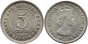 Малайя и Британское Борнео 5 центов 1961 Елизавета II (1952-2022) KM 1 медно-никель 4392-1137
