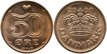 Дания 50 эре 2000 Маргрете II (1972- ) KM 866.2 бронза UNC 28-1124