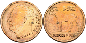 Норвегия 5 эре 1967 ЛОСЬ, Улаф V (1958-1991) KM 405 бронза 4571-827