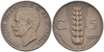 ИТАЛИЯ 5 ЧЕНТЕЗИМО 1922 R, МОНДВОР РИМ, ВИКТОР ЭММАНУИЛ III (1900-1946) KM 59 медь 4525-137
