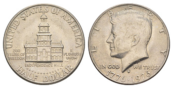 США 1/2 доллара (50 центов) 1976 D, 200 лет независимости, Джон Кеннеди KM 205 медь плакированная медно-никелем aUNC 4545-1225