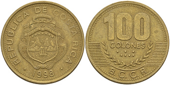 Коста-Рика 100 колон 1998 B.C.C.R. KM 230а латунь 82-235
