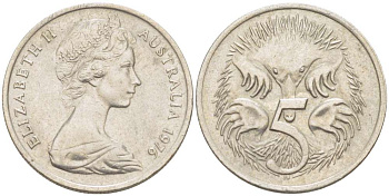 Австралия 5 центов 1976 королева Елизавета II (1952-2022), ехидна KM 64 медно-никель 4516-657