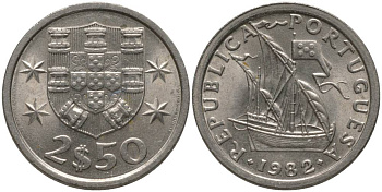 ПОРТУГАЛИЯ 2,5 ЭСКУДО 1982 ПАРУСНИК KM 590 медно-никель UNC 181-337