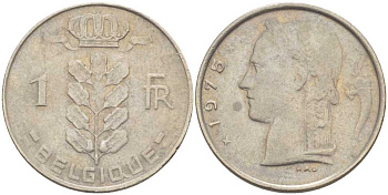 БЕЛЬГИЯ 1 ФРАНК 1975 BELGIQUE, БОДУЭН I (1951-1993) KM 142.1 медно-никель 213-535
