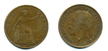Великобритания 1 пенни 1916 Георг V (1910-1936) КМ 810, Spink 4051 бронза 41-125