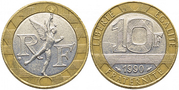 Франция 10 франков 1990 тип Гений Бастилии KM 964.1, Le Frank 375.5 биметалл 110-1037