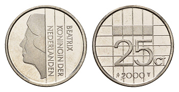 Нидерланды 25 центов 2000 Беатрикс (1980-2013) KM 204 никель PROOF 1515-123