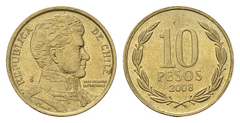 Чили 10 песо 2008 KM 228 никель латунь 4674-457