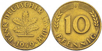 ФРГ 10 ПФЕННИГОВ 1949 J KM 103, J.378 сталь плакированная латунью 3718-731