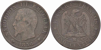 ФРАНЦИЯ 5 САНТИМОВ 1856 MA, НАПОЛЕОН III (1852-1870) KM 777.6, LE FRANC 116.35 бронза 108-444