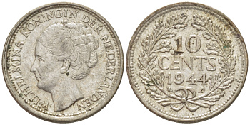 Нидерланды 10 центов 1944 Вильгельмина (1890-1948) KM 163 серебро aUNC 46-1214