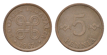 Финляндия 5 пенни 1967 KM 45 медь 188-825