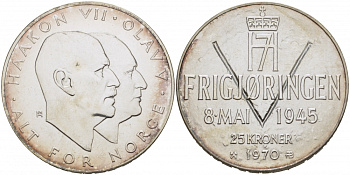 Норвегия 25 крон 1970 25 лет освобождения от фашизма KM 414 серебро UNC 1081-8-24