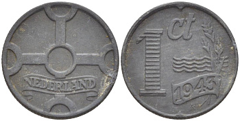 НИДЕРЛАНДЫ 1 ЦЕНТ 1943 ВИЛЬГЕЛЬМИНА I (1891-1948), ГЕРМАНСКАЯ ОККУПАЦИЯ, ВТОРАЯ МИРОВАЯ ВОЙНА KM 170 цинк 4532-1144