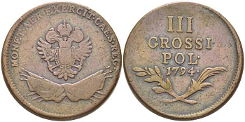 ПОЛЬША, ГАЛИЦИЯ И ЛОДОМЕРИЯ 3 ГРОССИ 1794 ГАЛИЦИЯ И ЛОДОМЕРИЯ , АВСТРИЙСКАЯ KM 5 медь 5010-1032