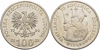 ПОЛЬША 100 ЗЛОТЫХ 1988 MW, 70 ЛЕТ ВЕЛИКОПОЛЬСКОГО ВОССТАНИЯ KM 182 медно-никель 3856-1136