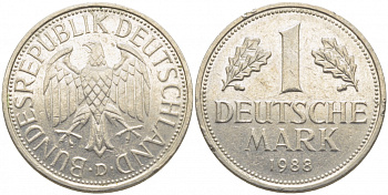 ФРГ 1 МАРКА 1988 D J.385, KM 110 медно-никель 3856-211