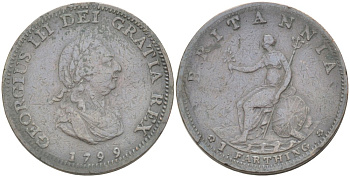 Великобритания 1 фартинг 1799 Георг III (1760-1820) KM 646, Spink 3779 медь 4543-1123