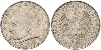 ФРГ 2 марки 1957 J , Макс Планк KM 116, J. 392 медно-никель плакированный никелем 4139-141