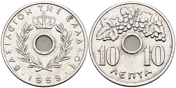 ГРЕЦИЯ 10 ЛЕПТА 1959 ПАВЕЛ I (1947-1964), ВИНОГРАДНАЯ ГРОЗДЬ KM 78 алюминий 4563-752