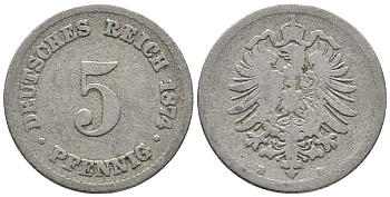 ГЕРМАНИЯ 5 ПФЕННИГОВ 1874 B, СТАРОГЕРБОВКА KM 3, J. 3 медно-никель 39-319