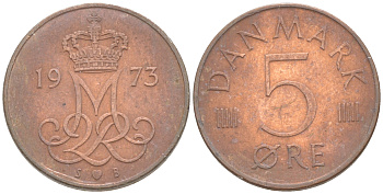Дания 5 эре 1973 S; B, Маргрете II (1972- ) KM 859.1 железо плакированное медью 187-624