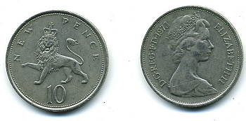 Великобритания 10 пенсов 1973 Елизавета II (1952-2022) KM 912, Spink 4231 (F1) медно-никель  4110-1322