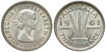 Австралия 3 пенса 1961 m, Елизавета II (1952-2022) KM 57 серебро 71-749