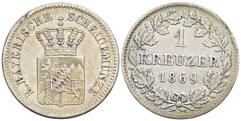 Бавария 1 крейцер 1869 Людвиг II (1864-1886) KM 487 серебро 201-1021