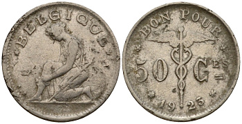 Бельгия 50 сантимов 1923 Belgique KM 87 никель 105-239