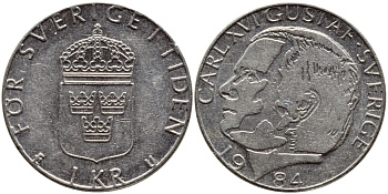 Швеция 1 крона 1984 Карл XVI Густав (1973- ) KM 852a медно-никель 4397-1131