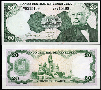 Венесуэла 20 боливаров 1987 Хосе Антонио Паэс Эррера, памятник Родине-матери на полях Карабобо Pick 64A  бумага  UNC (пресс) 447-9-2