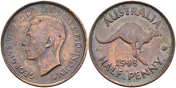 Австралия 1/2 пенни 1948 Георг VI (1937-1952), кенгуру KM 41 бронза 4591-843