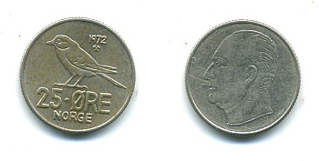 Норвегия 25 эре 1972 Улаф V (1958-1991), синица KM 407 медно-никель 4364-952