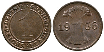 Германия 1 рейхспфенниг 1936 A KM 37, J. 313 бронза 220-135